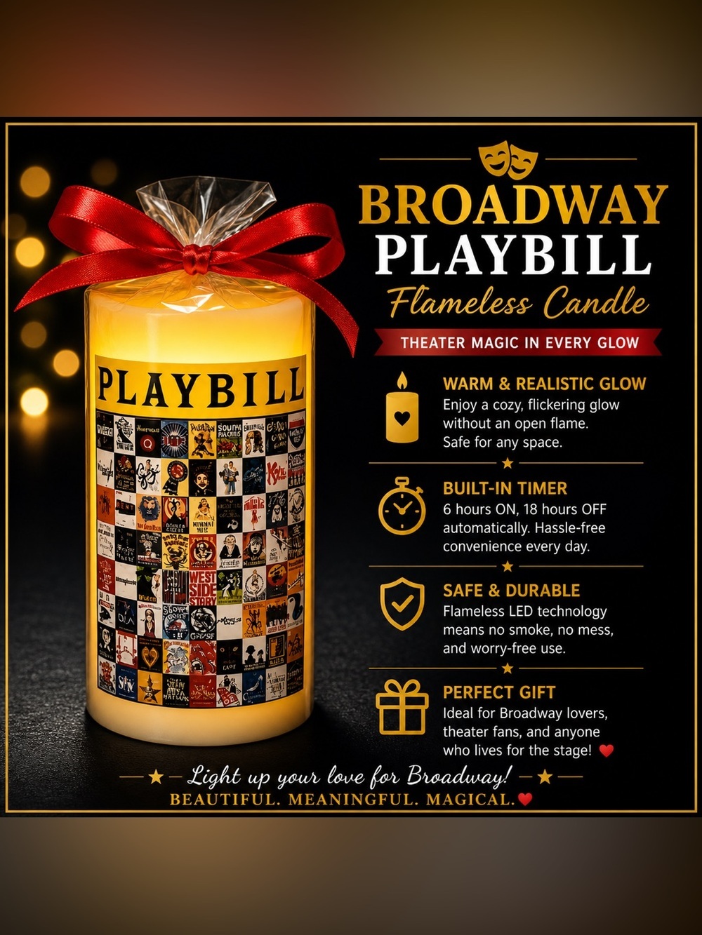 *30off3* NWT. Broadway Musical Theater Flameless Candle w Timer